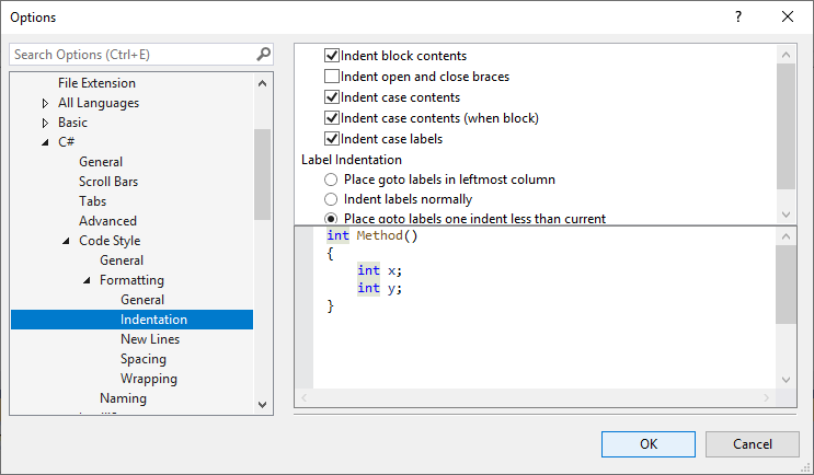 Visual Studio 中的 C# 文本编辑器缩进选项