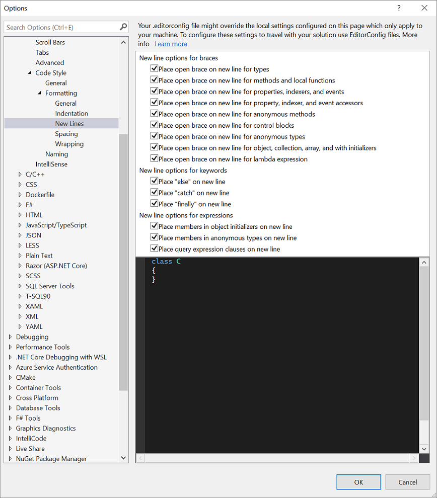 Visual Studio 中 C# 新行选项的屏幕截图。