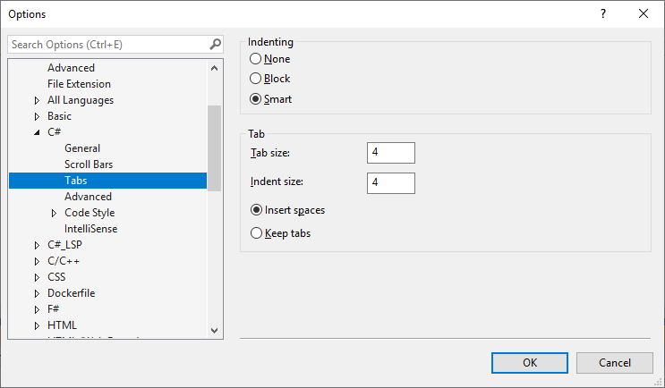 Visual Studio 中的 C# 文本编辑器选项卡选项