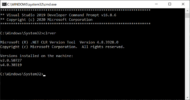 显示 clrver 工具的 Visual Studio 2019 开发人员命令提示符的屏幕截图。