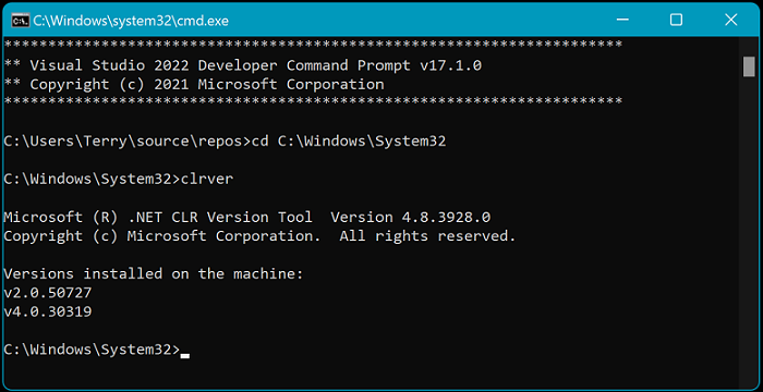 显示 clrver 工具的 Visual Studio 2022 开发人员命令提示符的屏幕截图。
