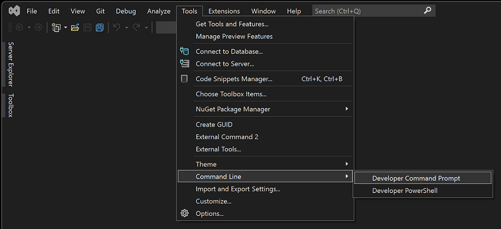 Visual Studio 2022 中命令行菜单的屏幕截图。