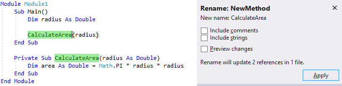 显示 Main Sub 的 Visual Basic 代码的屏幕截图。突出显示方法名称并打开“重命名”弹出窗口。