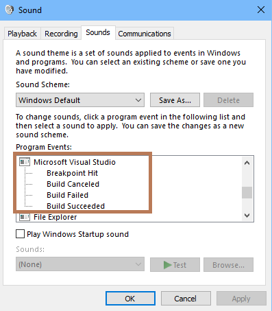 Windows 10 中“声音”对话框的“声音”选项卡的屏幕截图。