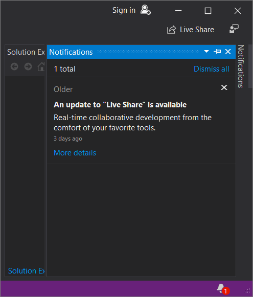 Visual Studio IDE 中“通知”窗口的屏幕截图。