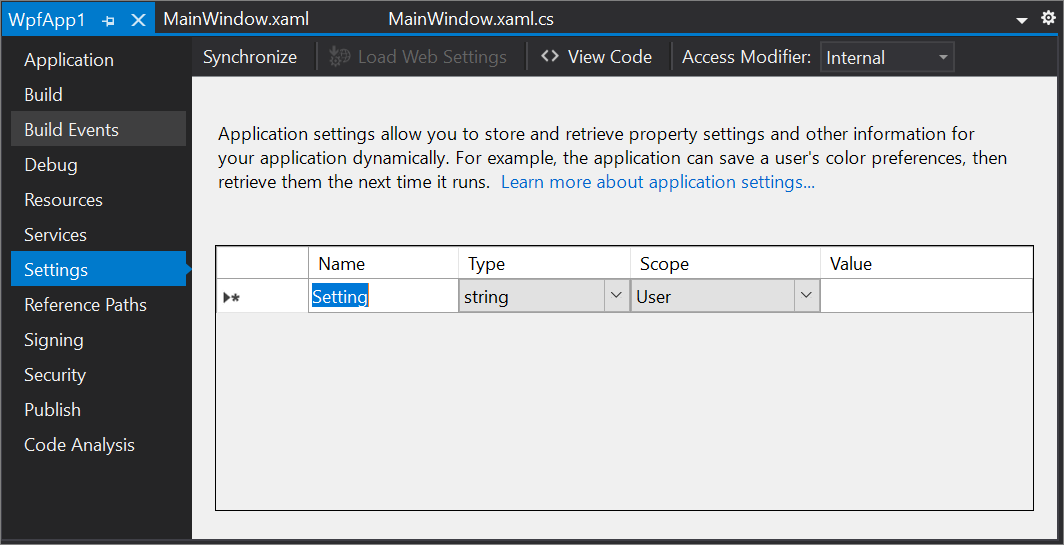 Visual Studio 2019 中 WPF 项目的项目设计器中的“设置”选项卡的屏幕截图。