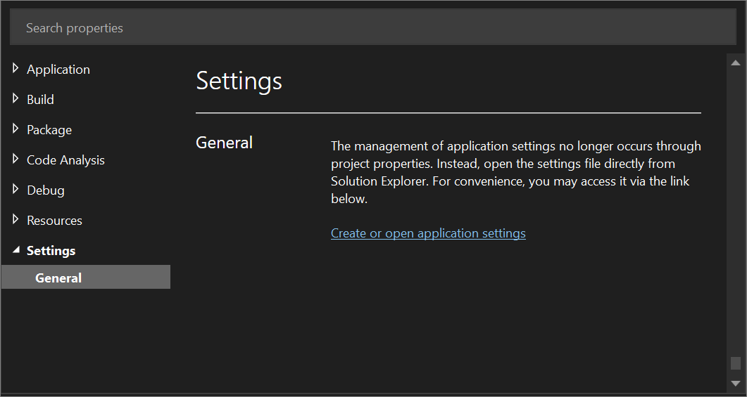 Visual Studio 2022 中 WPF 项目的项目设计器中的“设置”选项卡的屏幕截图，单击链接以动态生成“设置”对话框。