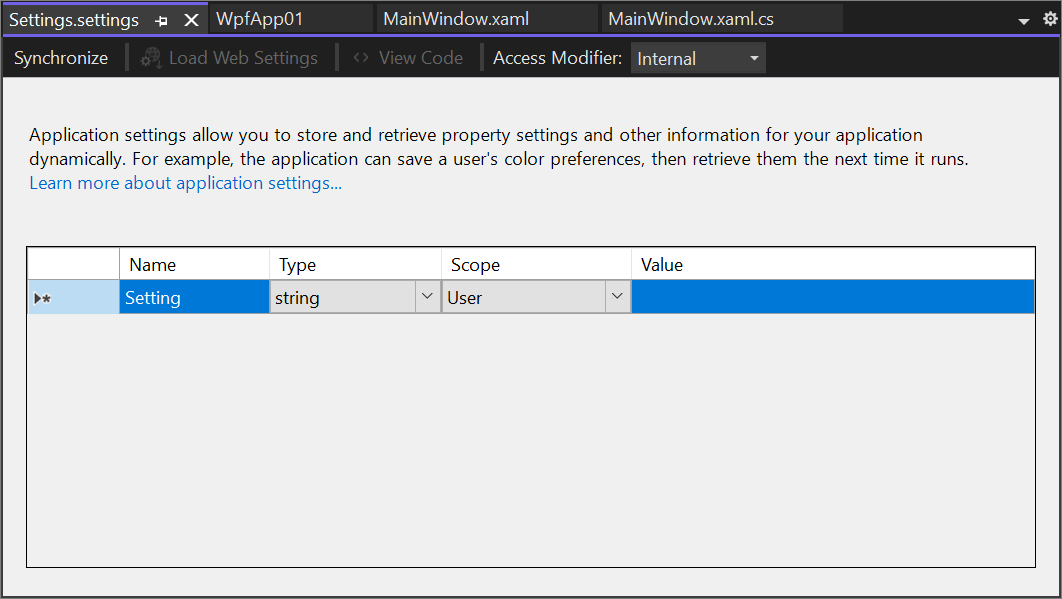 Visual Studio 2022 中 WPF 项目的项目设计器中的“设置”选项卡的屏幕截图。