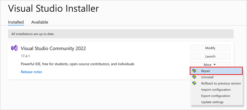 显示 Visual Studio 安装程序的“更多”下拉菜单中的“修复”选项的屏幕截图。