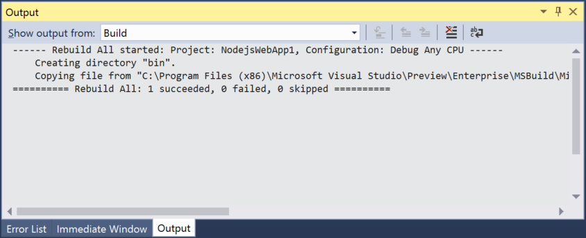 Visual Studio 中详细生成输出的屏幕截图。