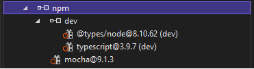 解决方案资源管理器中 npm 节点的屏幕截图，其中显示了 npm 包的安装状态。