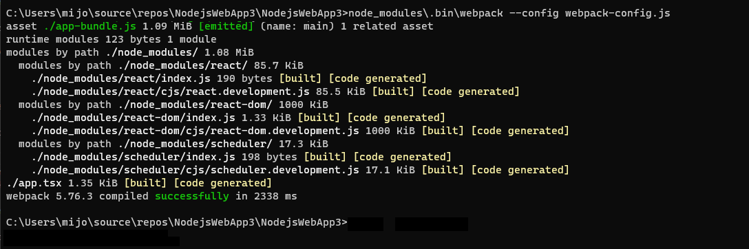 显示运行 webpack 命令结果的屏幕截图。