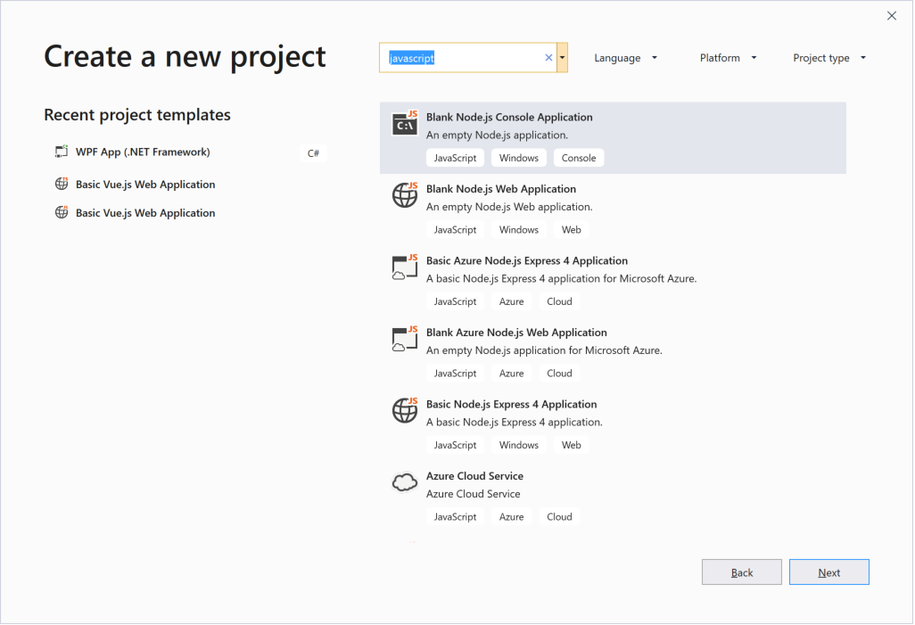 Visual Studio 开始窗口中搜索项目模板的屏幕截图。