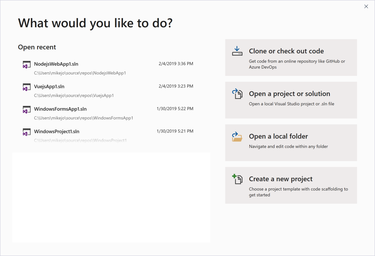 Visual Studio 2019 中开始窗口的屏幕截图。