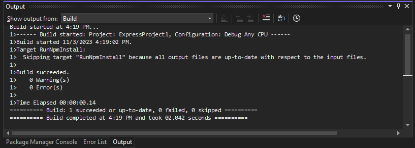 Visual Studio 中详细生成输出的屏幕截图。