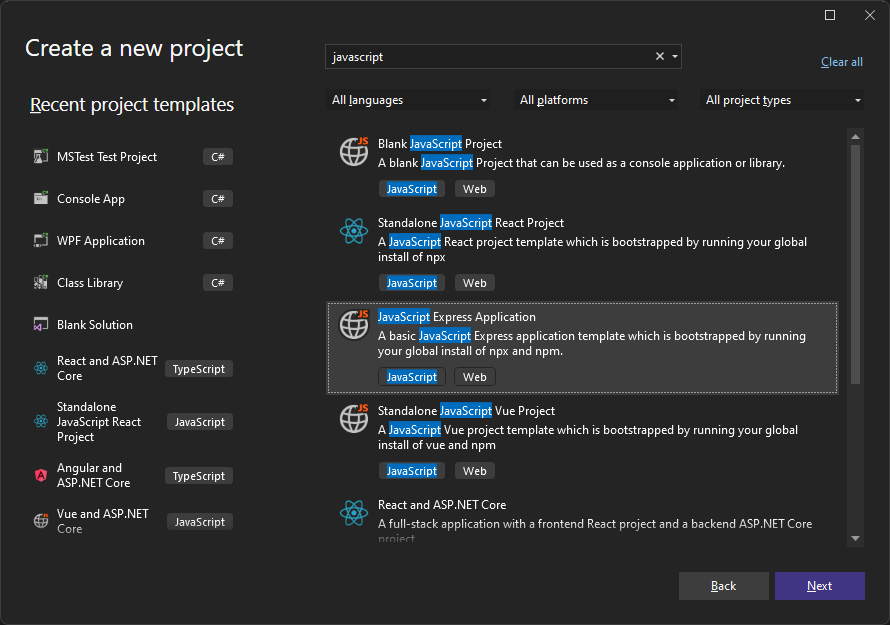 Visual Studio 开始窗口中搜索项目模板的屏幕截图。