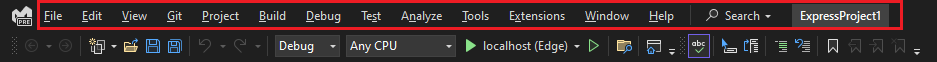 Visual Studio 中菜单栏的屏幕截图。