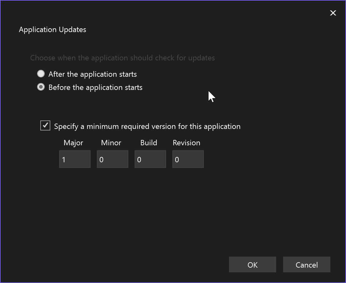 显示 Visual Studio 中的“应用程序设置”屏幕的屏幕截图，从“发布”向导的“设置”页上的“更新设置”链接访问。