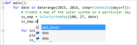 显示 Visual Studio 中 Python 代码的代码完成的屏幕截图。