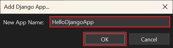 显示如何在 Visual Studio 2022 中输入新 Django 应用的名称的屏幕截图。