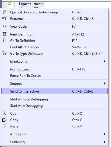 显示如何在 Visual Studio 中使用“发送到交互”菜单选项的屏幕截图。