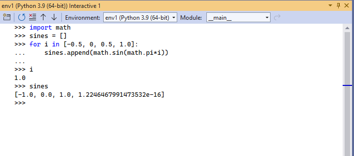 显示 Visual Studio 2019 中 Python 交互式窗口展开视图的屏幕截图。