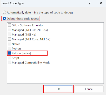 显示如何在 Visual Studio 中选择要调试的 Python（本机）代码类型的屏幕截图。