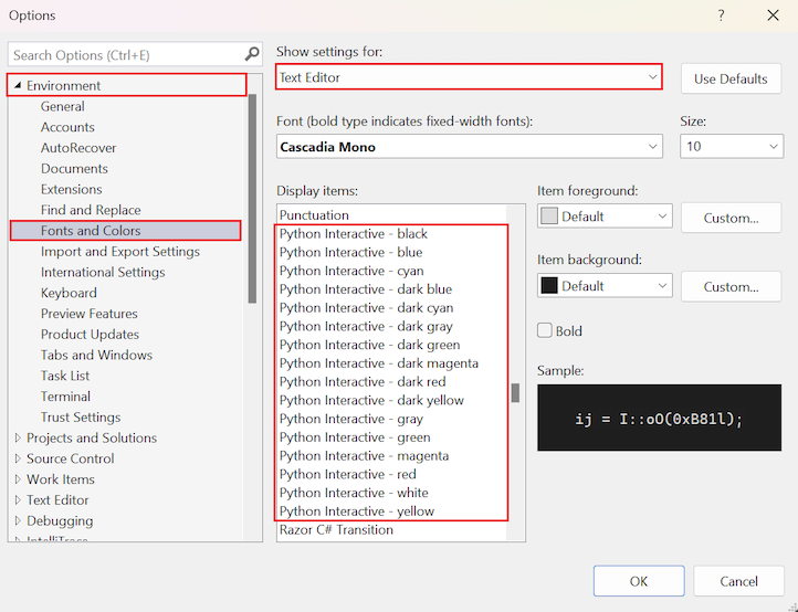 显示 Visual Studio 2022“选项”对话框中“环境”下的 Python 字体和颜色选项的屏幕截图。