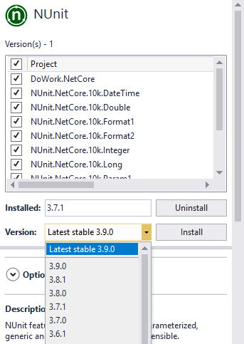 Visual Studio 2019 中升级测试适配器的屏幕截图。