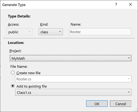 Visual Studio 2019 中的“生成类型”对话框