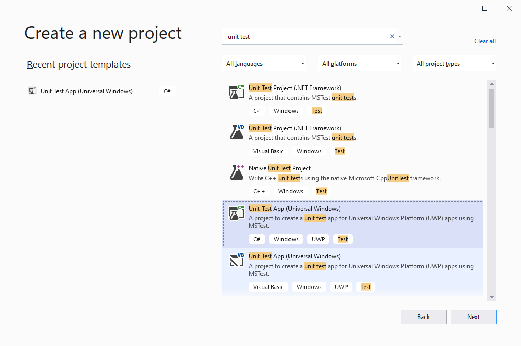 显示如何在 Visual Studio 中创建新的 UWP 单元测试应用的屏幕截图。