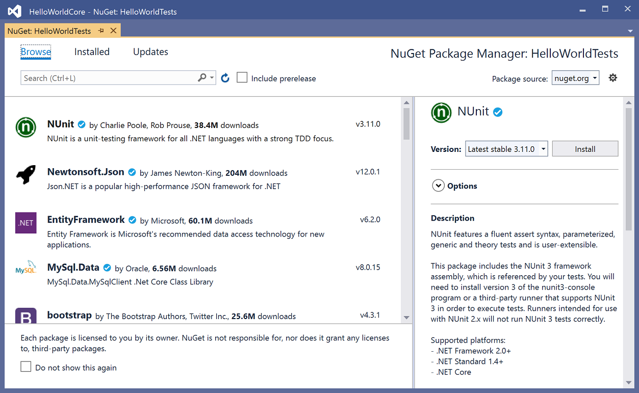 Visual Studio 2019 中 NuGet 包管理器的屏幕截图。