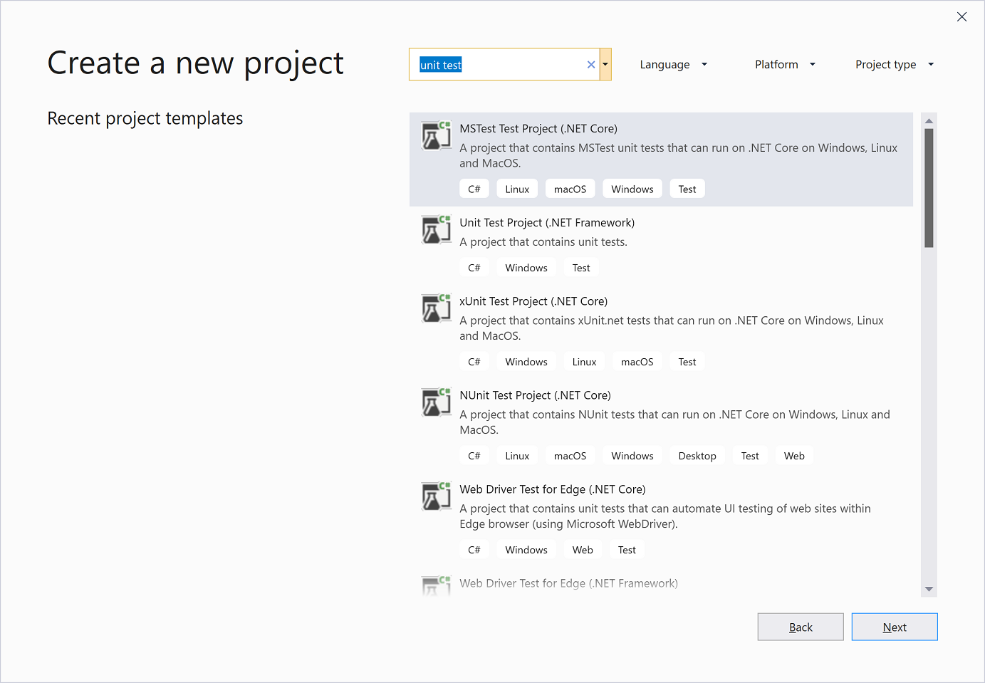Visual Studio 2019 中测试项目模板的屏幕截图。