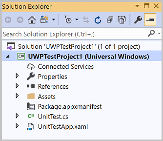 显示解决方案资源管理器中的 UWP 单元测试项目的屏幕截图。