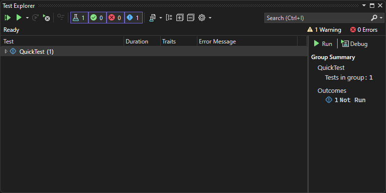 屏幕截图显示了在 Visual Studio 2022 中运行测试之前的测试资源管理器。