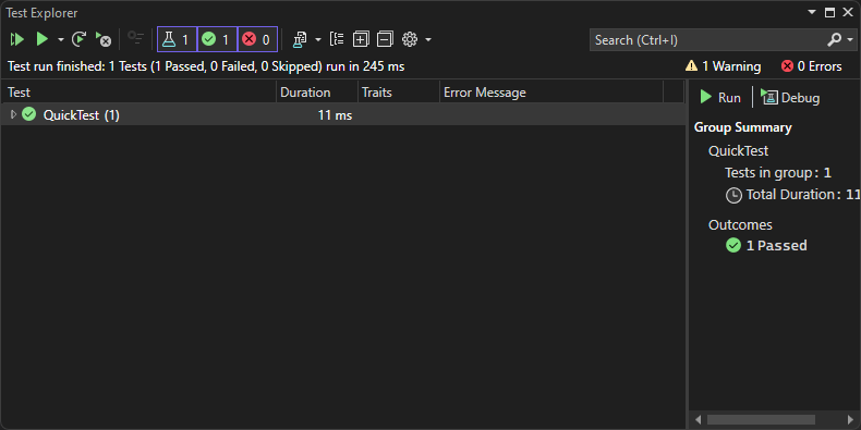 屏幕截图显示 Visual Studio 2022 中运行测试后的测试资源管理器。