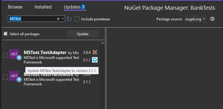 Visual Studio 2022 中升级测试适配器的屏幕截图。