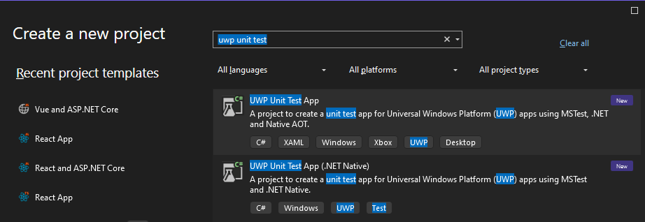显示如何在 Visual Studio 中创建新的 UWP 单元测试应用的屏幕截图。