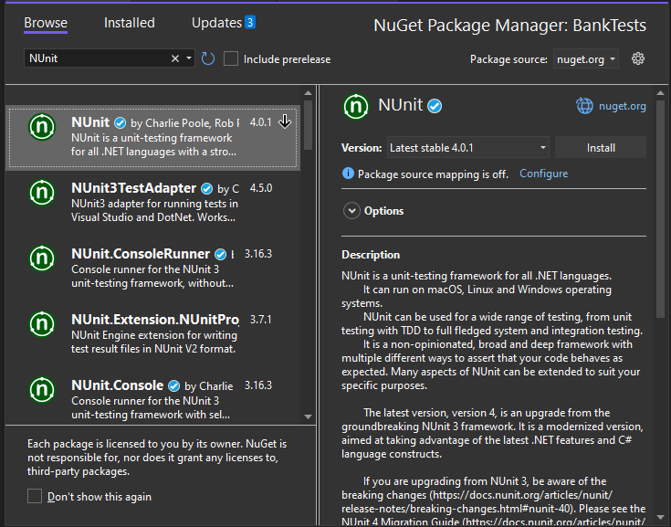 Visual Studio 2022 中 NuGet 包管理器的屏幕截图。
