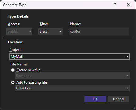 Visual Studio 2019 中的“生成类型”对话框