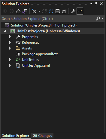 显示解决方案资源管理器中的 UWP 单元测试项目的屏幕截图。
