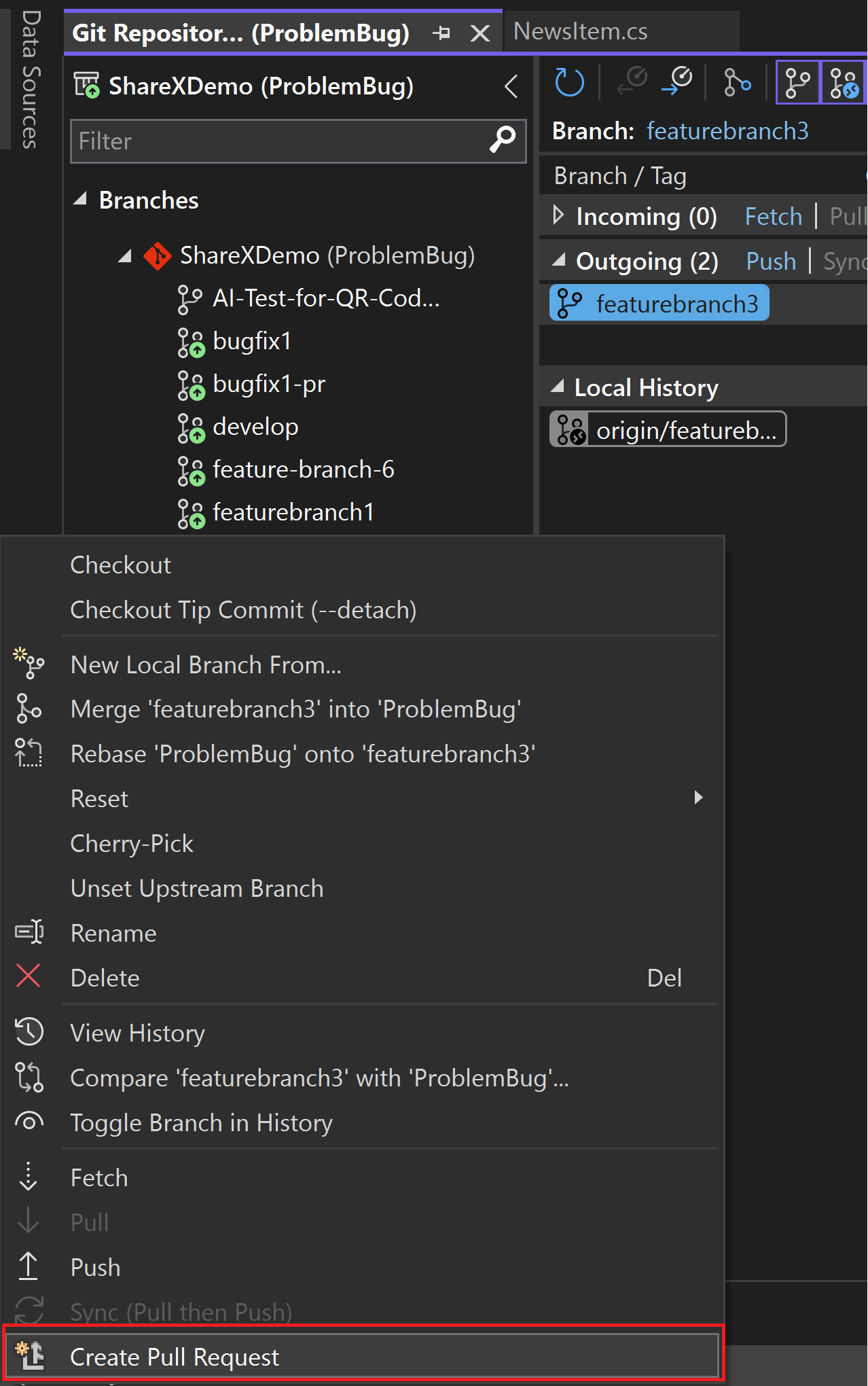 Git 存储库窗口，其中突出显示了 Visual Studio 2022 中的传出/传入链接文本。