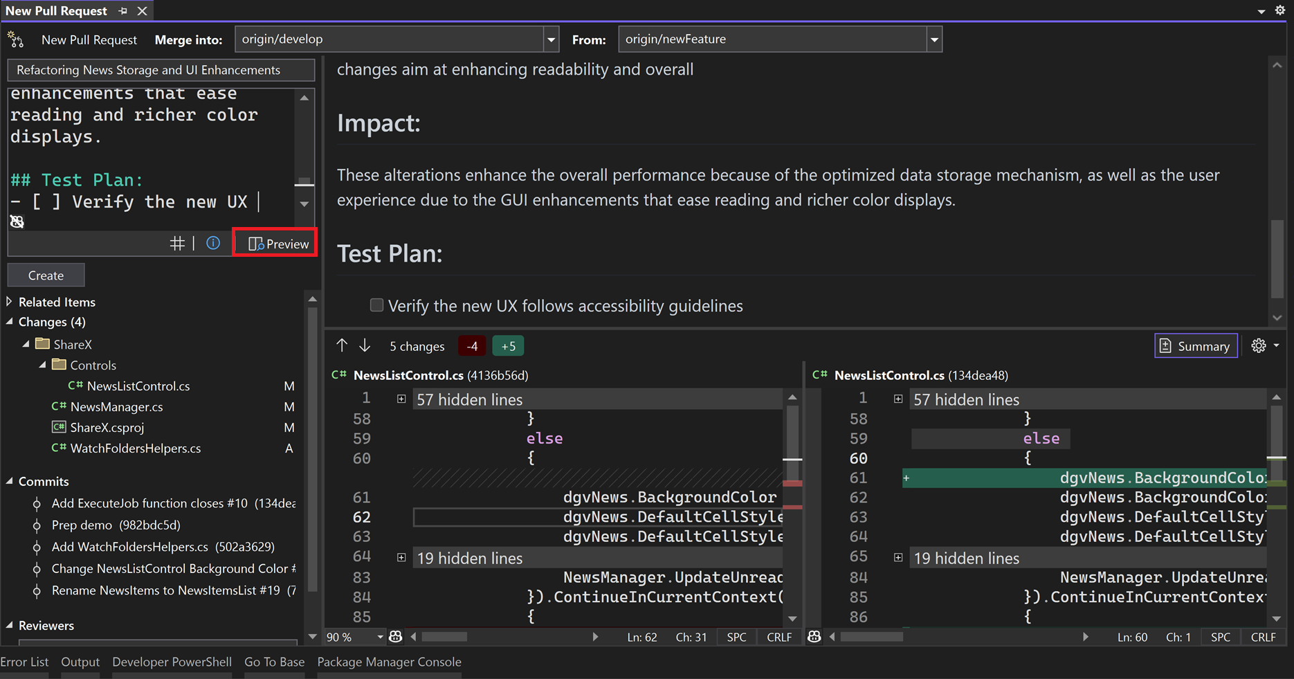 “新建拉取请求”窗口，其中突出显示了 Visual Studio 2022 中的预览按钮文本。