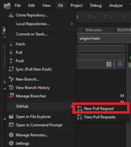 Visual Studio 2022 中已选中“GitHub”并突出显示“新建拉取请求”文本的 Git 顶级菜单。