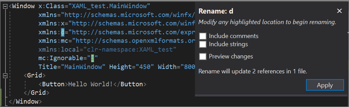 XAML 代码编辑器中通过右键单击上下文菜单出现的“重命名命名空间”选项
