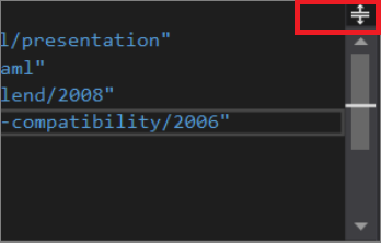 显示 Visual Studio 2019 中 XAML 代码编辑器中间窗格的屏幕截图，其中窗格右上角突出显示了“拆分”按钮。