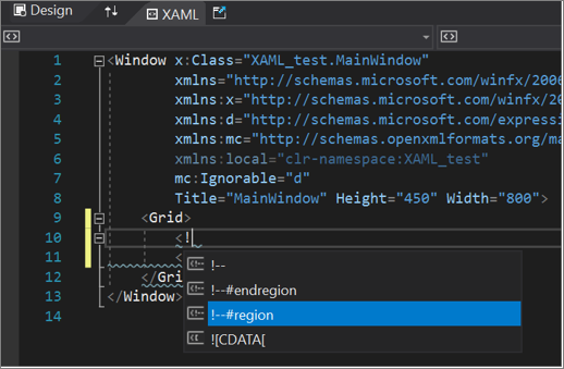XAML 代码编辑器，其中 #region 选项显示在 IntelliSense 中