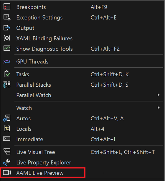 “调试”菜单栏中 XAML Live Preview 选项的屏幕截图。