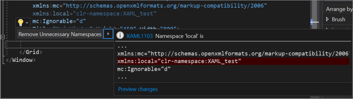XAML 代码编辑器的“通过快速操作灯泡删除不必要的命名空间”选项