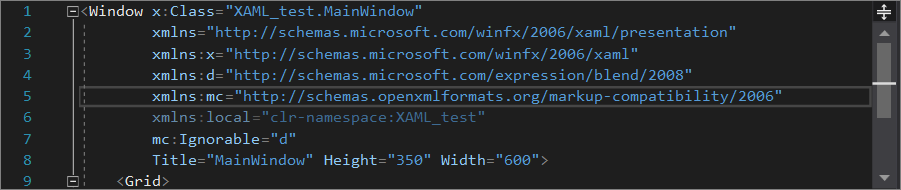 Visual Studio 中的 XAML 代码编辑器，仅中间窗格，